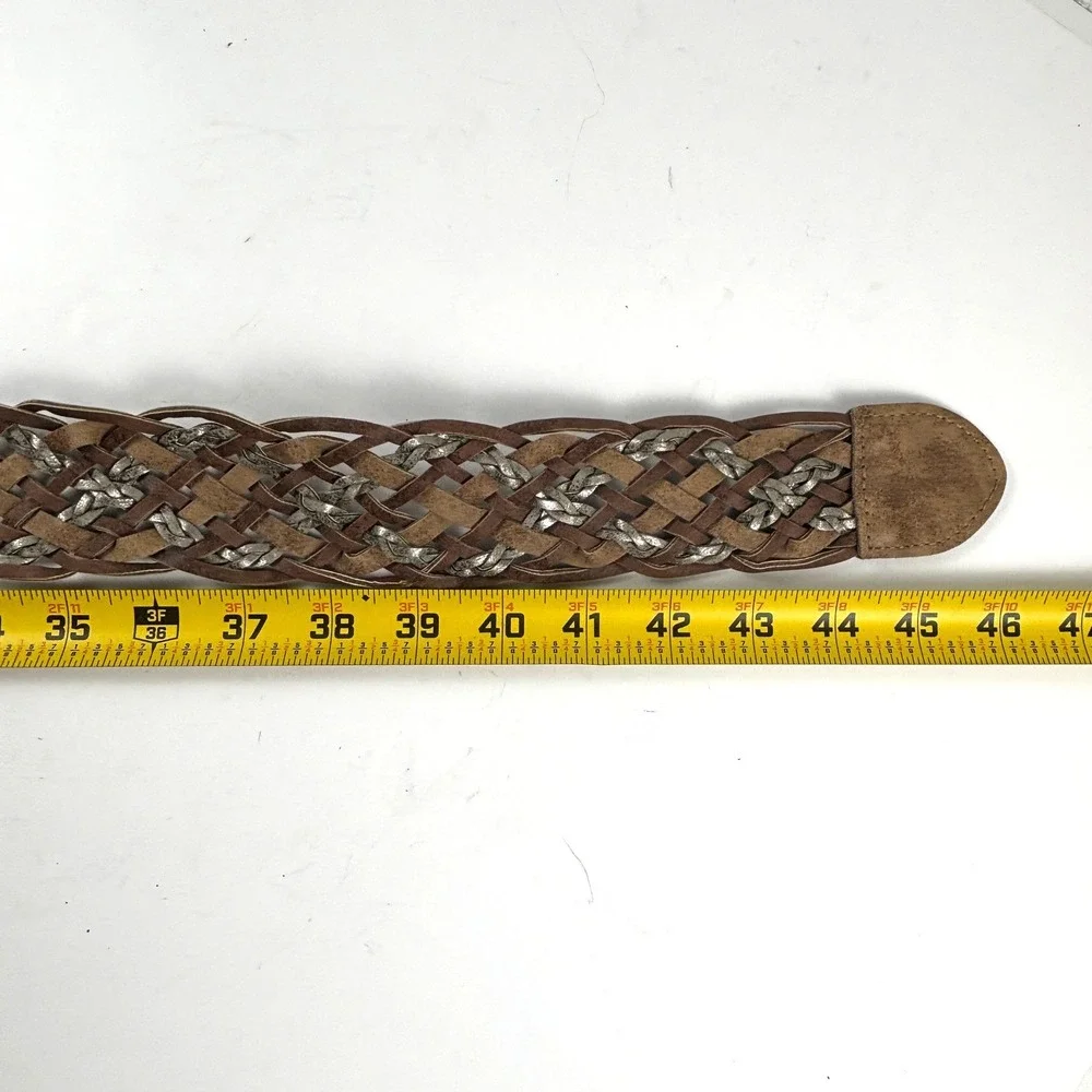Braided Belt Womens 13 Brown Wide Woven Metallic‎ Silver Boho Western Festival